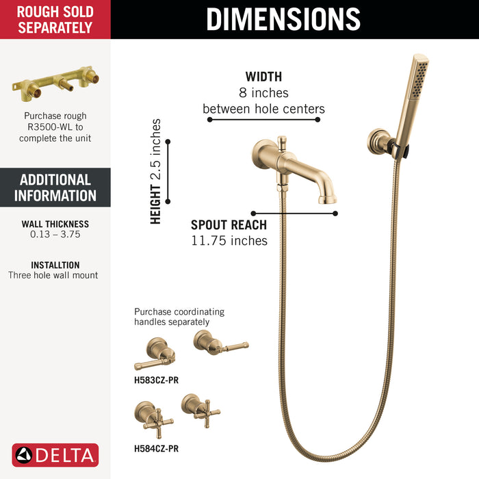 Delta Broderick: Wall Mount Tub Filler Trim with Hand Shower - Less Handles