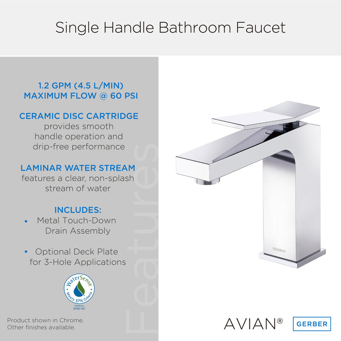 Gerber D225019 Avian 1H Lavatory Faucet Single Hole Mount w/ Metal Touch Down Drain 1.2gpm - Chrome