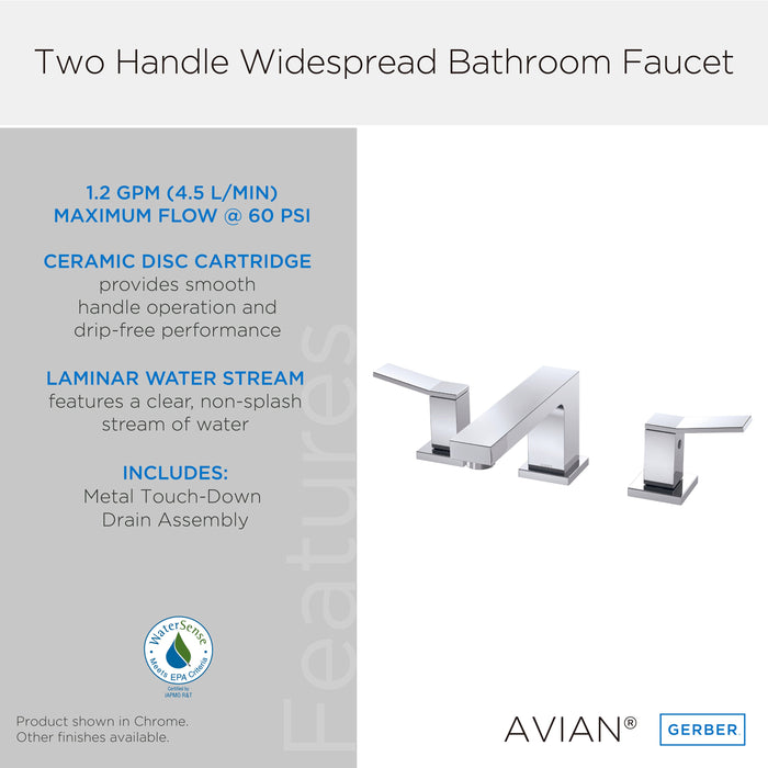 Gerber D304119 Avian 2H Widespread Lavatory Faucet w/ Metal Touch Down Drain 1.2gpm Chrome - Chrome