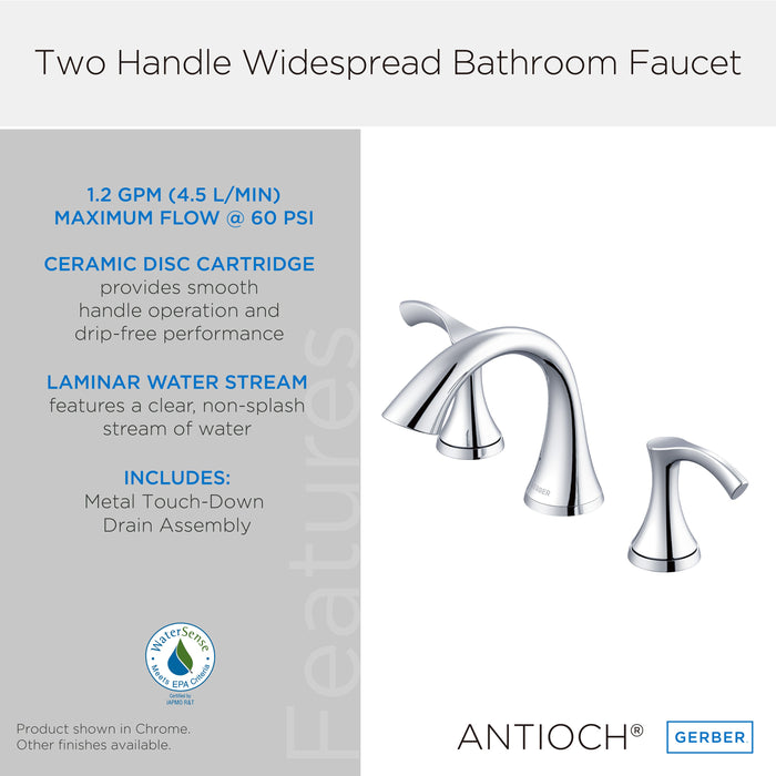 Gerber D304222 Antioch 2H Widespread Lavatory Faucet w/ Metal Touch Down Drain 1.2gpm Chrome - Chrome
