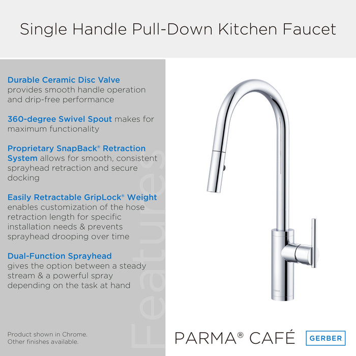 Gerber D454058 Parma Cafe Pull-Down Kitchen Faucet w/ SnapBack Retraction 1.75gpm - Chrome