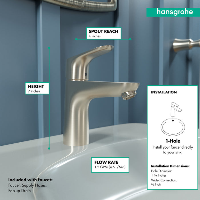 hansgrohe Focus Single-Hole Faucet 100 with Pop-Up Drain, 1.2 GPM