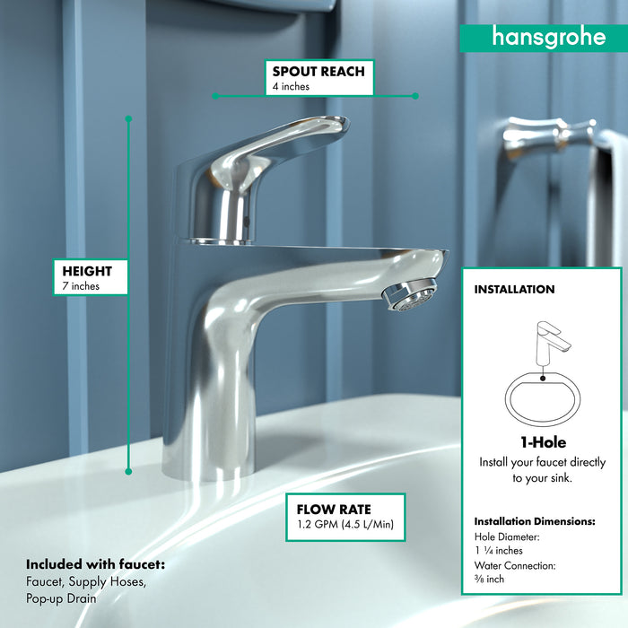 hansgrohe Focus Single-Hole Faucet 100 with Pop-Up Drain, 1.2 GPM