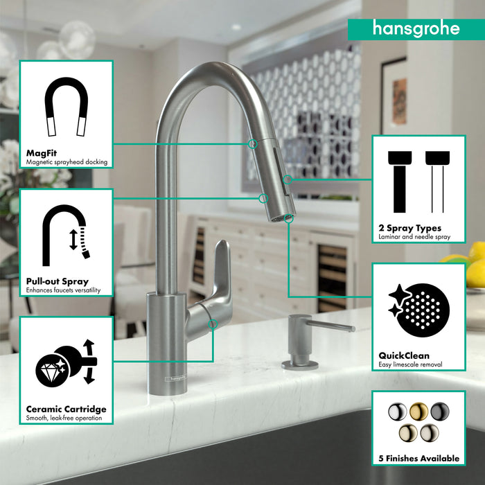 hansgrohe Focus HighArc Kitchen Faucet, 2-Spray Pull-Down, 1.75 GPM