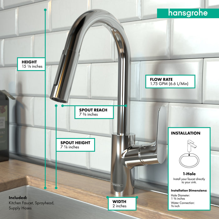 hansgrohe Focus Prep Kitchen Faucet, 2-Spray Pull-Down, 1.75 GPM