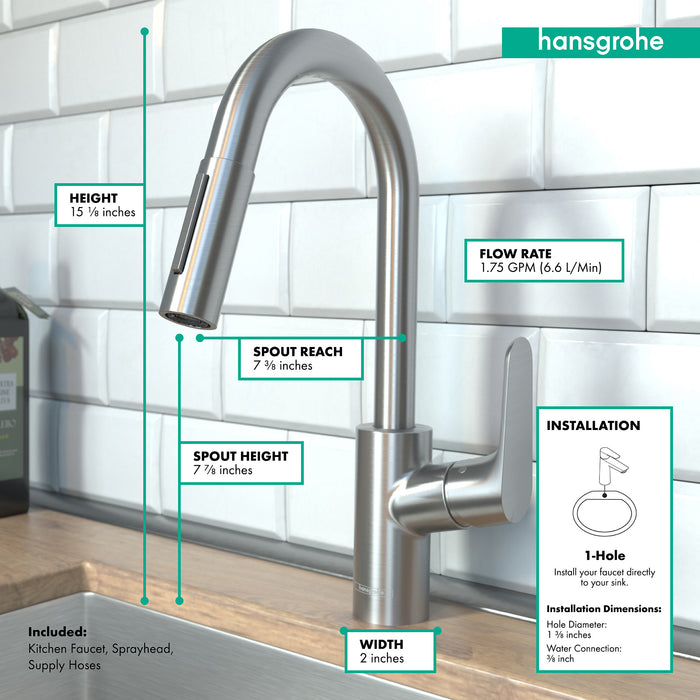 hansgrohe Focus Prep Kitchen Faucet, 2-Spray Pull-Down, 1.75 GPM
