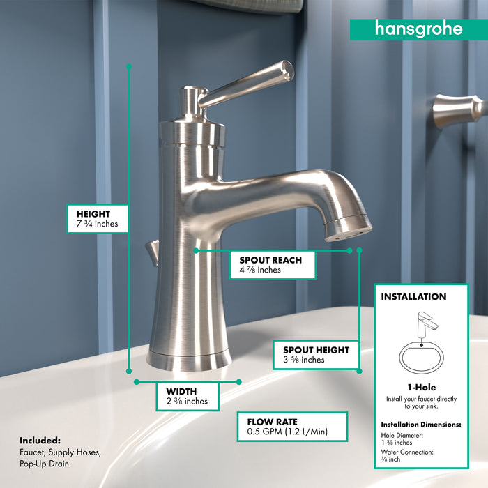 Hansgrohe Joleena Single-Hole Faucet 100 with Pop-Up Drain, 0.5 GPM