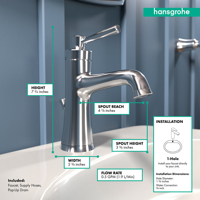 Hansgrohe Joleena Single-Hole Faucet 100 with Pop-Up Drain, 0.5 GPM