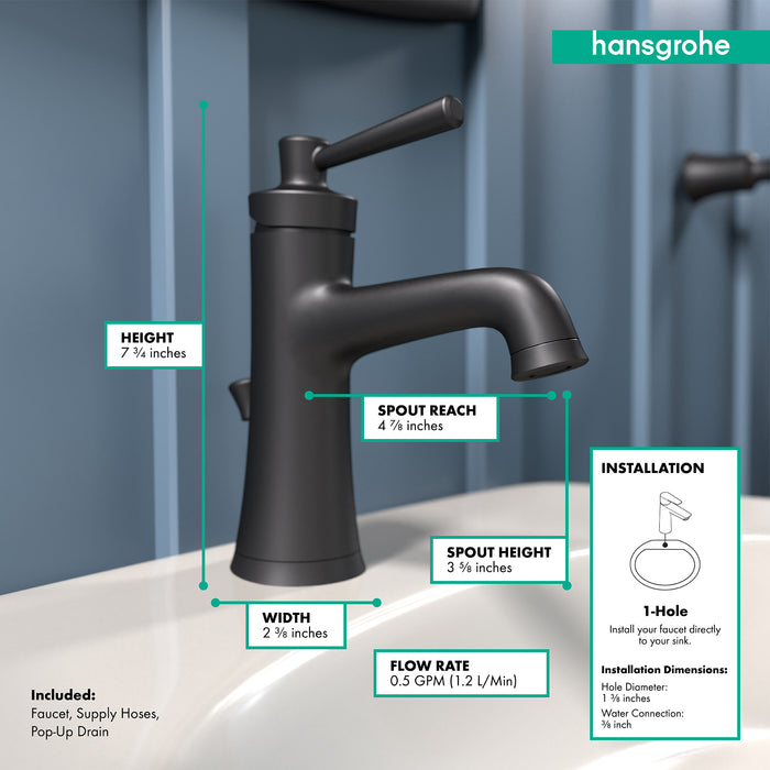 Hansgrohe Joleena Single-Hole Faucet 100 with Pop-Up Drain, 0.5 GPM