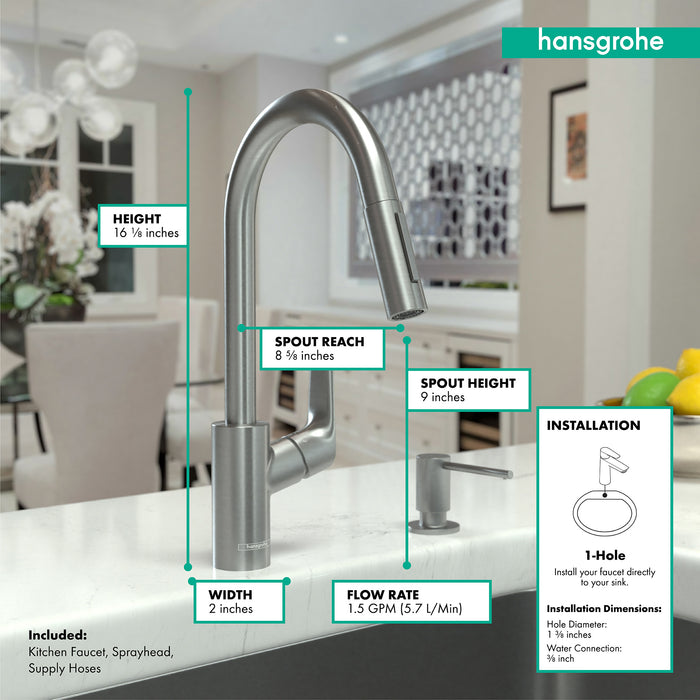 hansgrohe Focus Higharc Kitchen Faucet, 2-Spray Pull-Down, 1.5 GPM