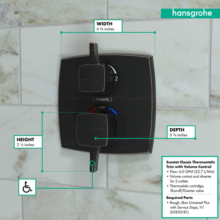 hansgrohe Ecostat Classic Thermostatic Trim with Volume Control and Diverter, Square