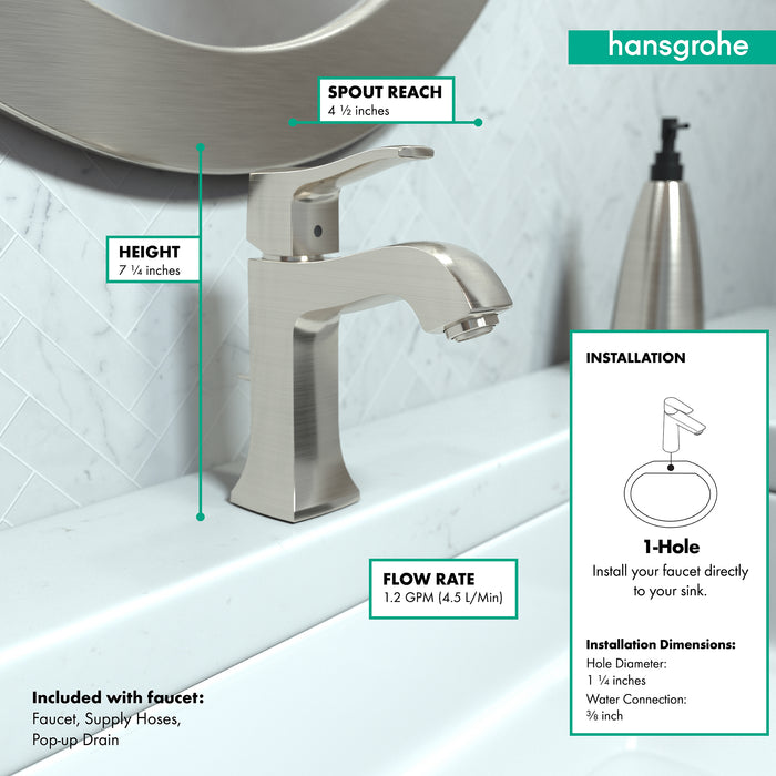 hansgrohe Metris C Single-Hole Faucet 100 with Pop-Up Drain, 1.2 GPM