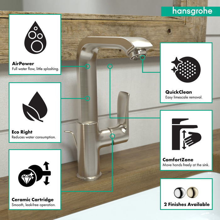hansgrohe Metris Single-Hole Faucet 230 with Swivel Spout and Pop-Up Drain, 1.2 GPM