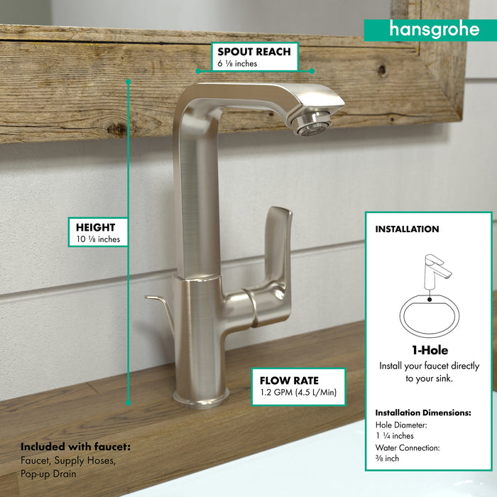 hansgrohe Metris Single-Hole Faucet 230 with Swivel Spout and Pop-Up Drain, 1.2 GPM
