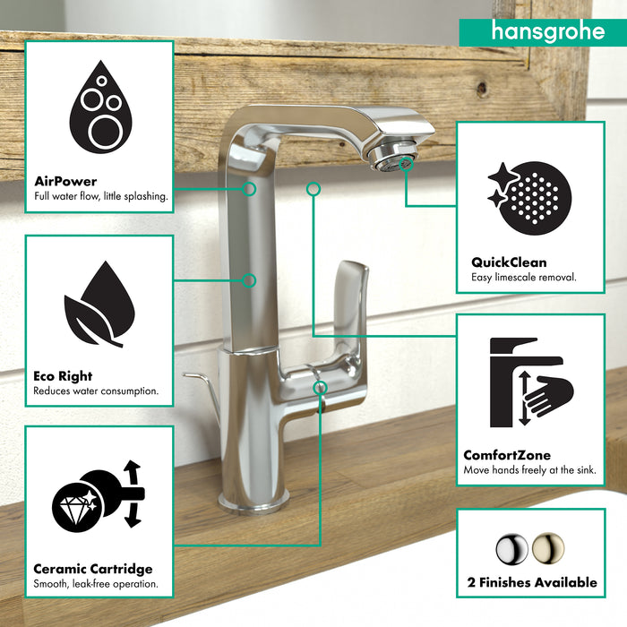 hansgrohe Metris Single-Hole Faucet 230 with Swivel Spout and Pop-Up Drain, 1.2 GPM