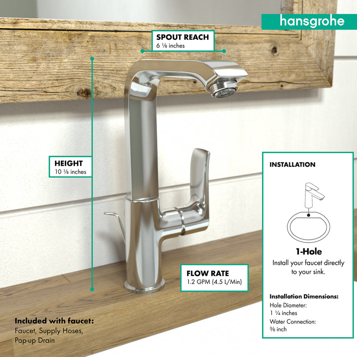 hansgrohe Metris Single-Hole Faucet 230 with Swivel Spout and Pop-Up Drain, 1.2 GPM