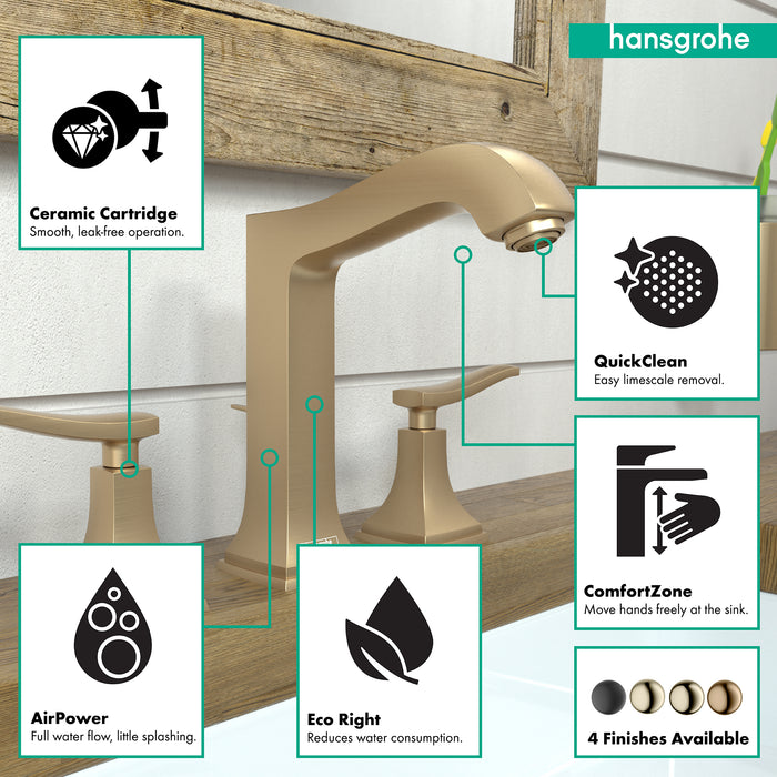 hansgrohe Metropol Classic Widespread Faucet 160 with Lever Handles and Pop-Up Drain, 1.2 GPM