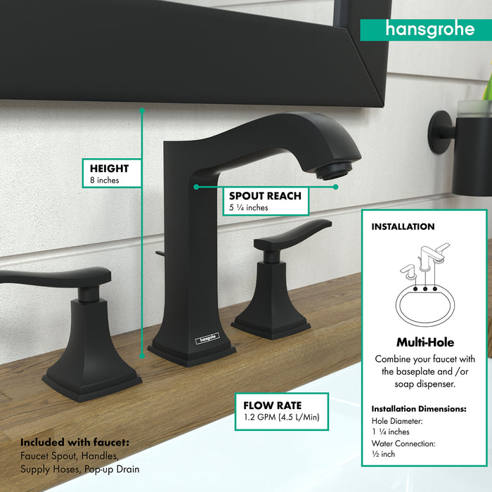 hansgrohe Metropol Classic Widespread Faucet 160 with Lever Handles and Pop-Up Drain, 1.2 GPM