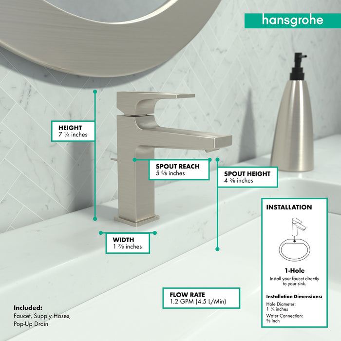 hansgrohe Metropol Single-Hole Faucet 110 with Lever Handle and Pop-Up Drain, 1.2 GPM