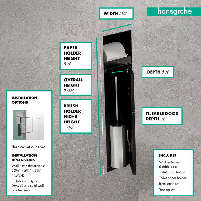 hansgrohe XtraStoris Rock Recessed Toilet Brush Holder with Toilet Paper Holder & Tileable Door