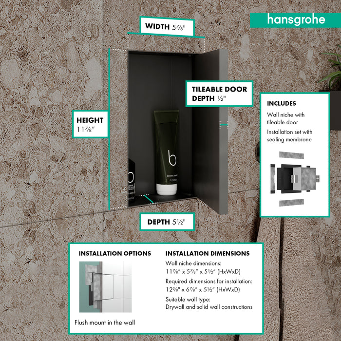 hansgrohe XtraStoris Rock Wall Niche with Tileable Door 12"x 6"x 5.5"