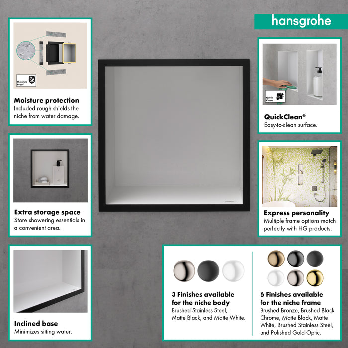 hansgrohe XtraStoris Individual Wall Niche Matte White with Design Frame 12"x 12"x 4"