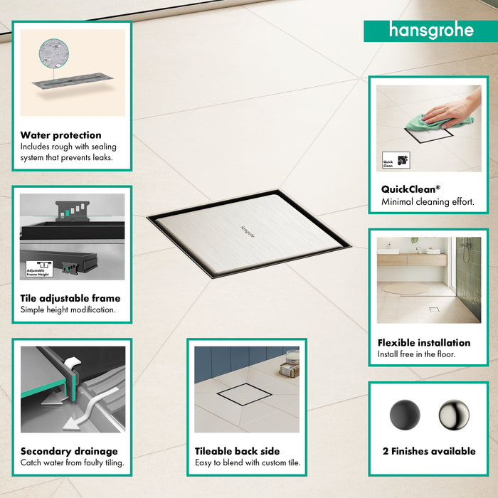 hansgrohe RainDrain Brilliance Point Drain Set 4"x 4" Trim Tileable Rear Cover and Rough