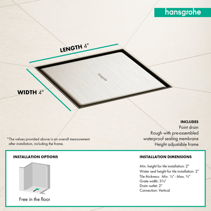 hansgrohe RainDrain Brilliance Point Drain Set 4"x 4" Trim Tileable Rear Cover and Rough
