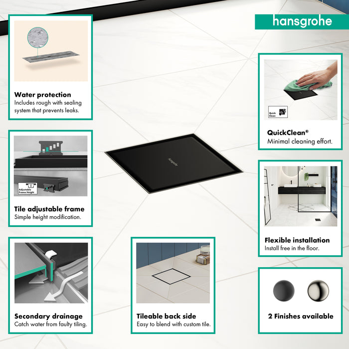 hansgrohe RainDrain Brilliance Point Drain Set 6"x 6" Trim Tileable Rear Cover and Rough