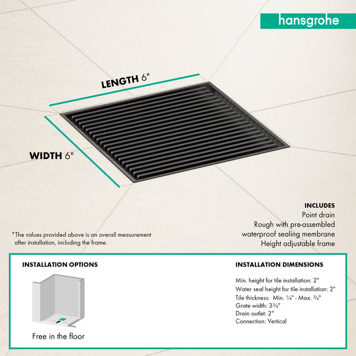 hansgrohe RainDrain Brilliance Point Drain Set 6"x 6" Trim with Height Adjustable Frame and Rough