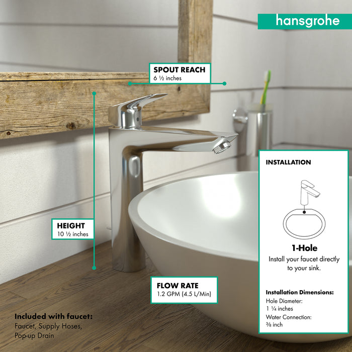 hansgrohe Logis Single-Hole Faucet 190 with Pop-Up Drain, 1.2 GPM