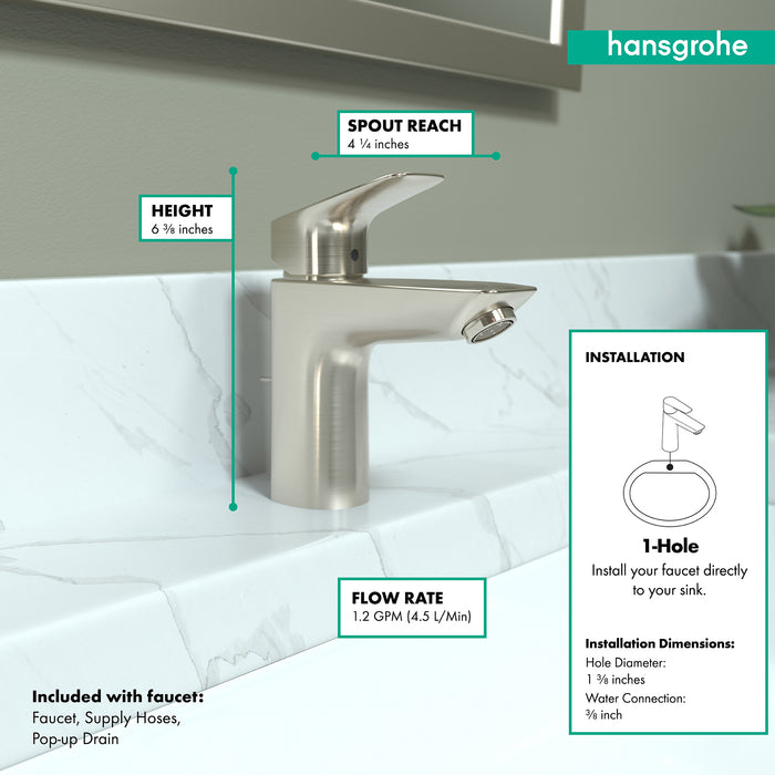 hansgrohe Logis Single-Hole Faucet 100 with Pop-Up Drain, 1.2 GPM