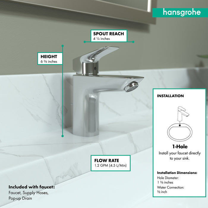 hansgrohe Logis Single-Hole Faucet 100 with Pop-Up Drain, 1.2 GPM