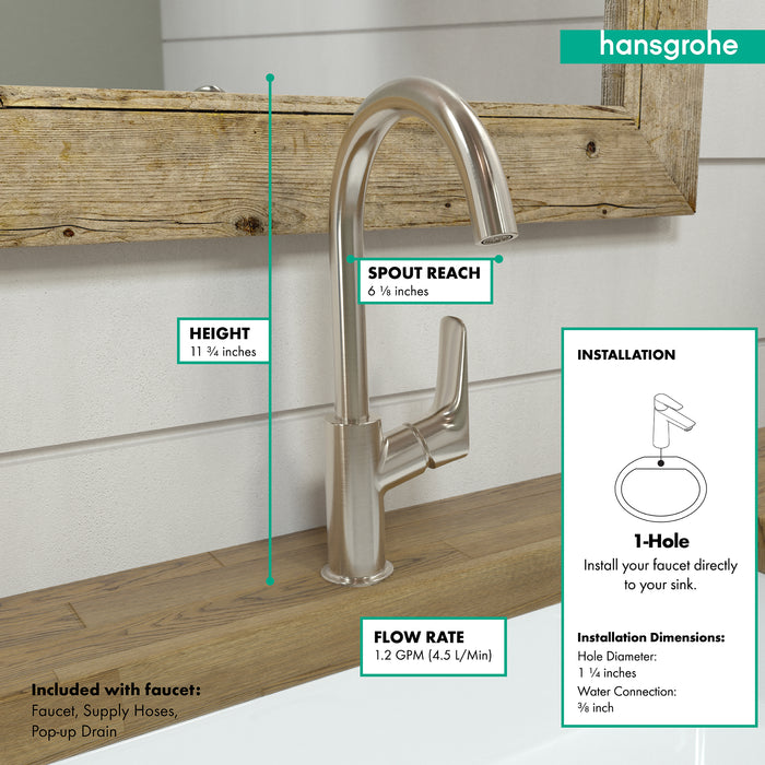 hansgrohe Logis Single-Hole Faucet 210 with Swivel Spout and Pop-Up Drain, 1.2 GPM