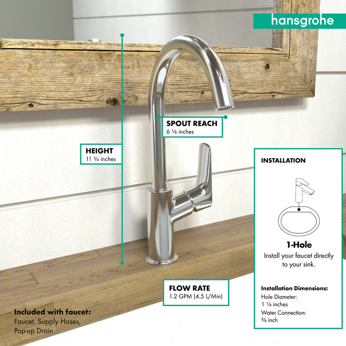 hansgrohe Logis Single-Hole Faucet 210 with Swivel Spout and Pop-Up Drain, 1.2 GPM