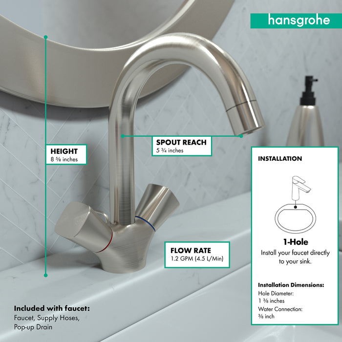 hansgrohe Logis Single-Hole Faucet 150 with Swivel Spout and Pop-Up Drain, 1.2 GPM