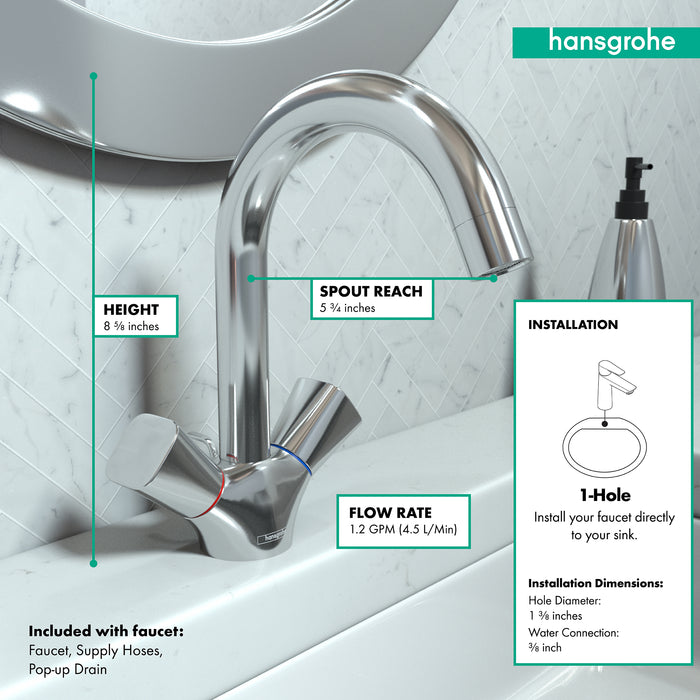 hansgrohe Logis Single-Hole Faucet 150 with Swivel Spout and Pop-Up Drain, 1.2 GPM