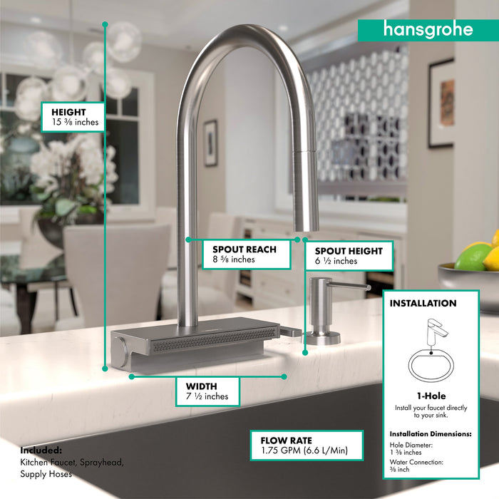 hansgrohe Aquno Select HighArc Kitchen Faucet, 3-Spray Pull-Down, 1.75 GPM