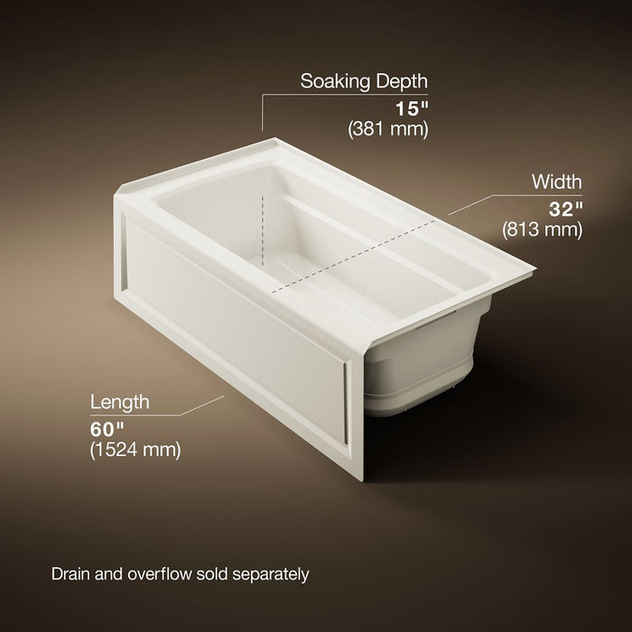 KOHLER K-1122-GHRA Archer 60" x 32" alcove Heated BubbleMassage air bath, right drain, biscuit - view 5