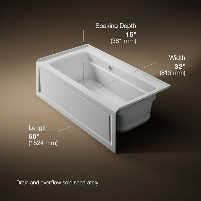 KOHLER K-1122-GHRAW Archer 60" x 32" alcove Heated BubbleMassage air bath with Bask heated surface, right drain, ice grey...