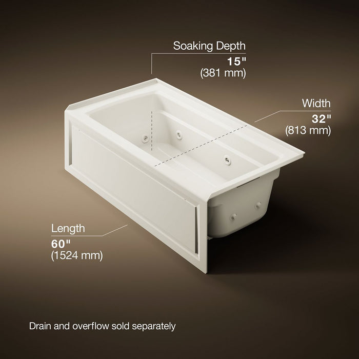 KOHLER Archer 60" x 32" alcove heated whirlpool bath, right drain