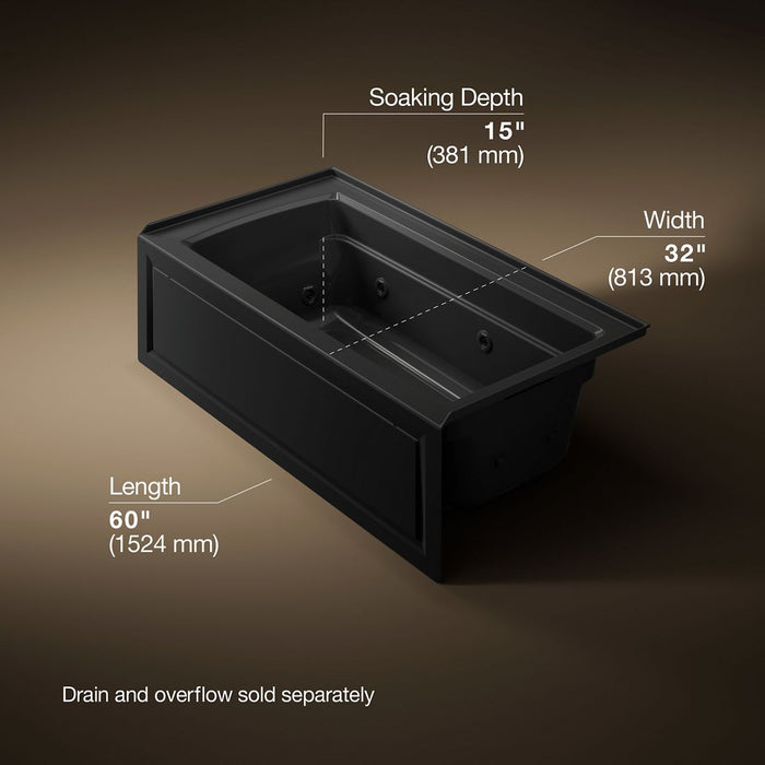 KOHLER K-1122-HR Archer 60" x 32" alcove heated whirlpool bath, right drain, black black - view 5