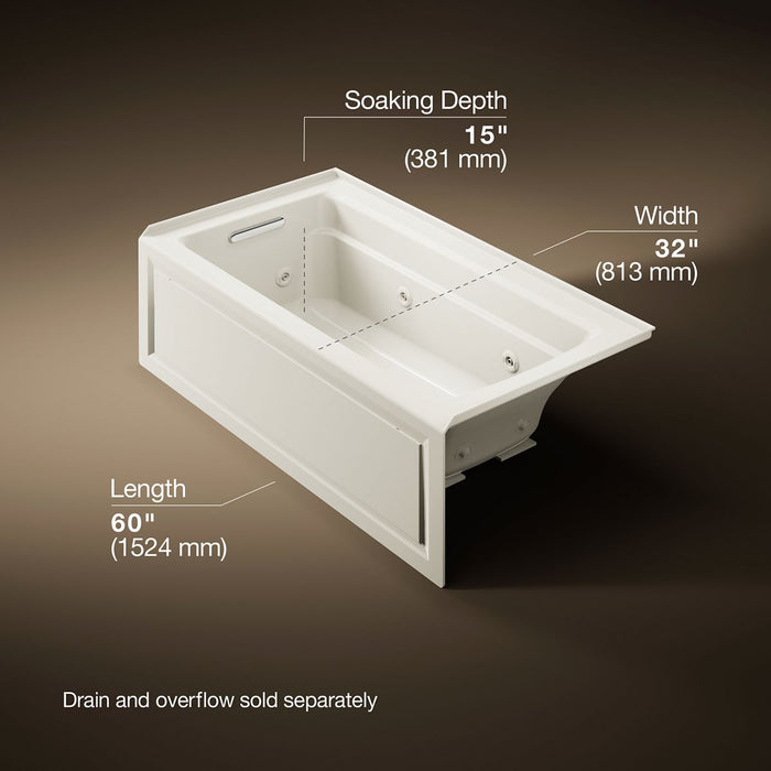 KOHLER K-1122-LA Archer 60" x 32" alcove whirlpool bath, left drain, biscuit - view 5