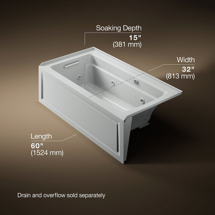 KOHLER K-1122-LAW Archer 60" x 32" alcove whirlpool bath with Bask heated surface, alcove left drain, ice grey - view 5