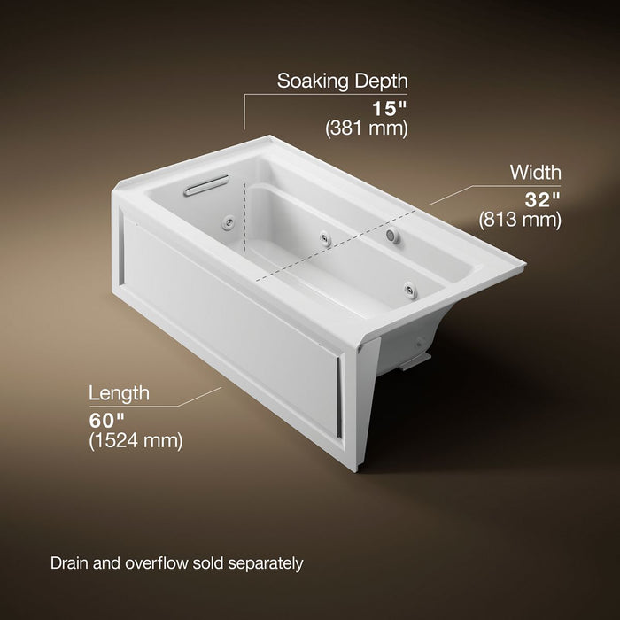 KOHLER K-1122-LAW Archer 60" x 32" alcove whirlpool bath with Bask heated surface, alcove left drain, white - view 5