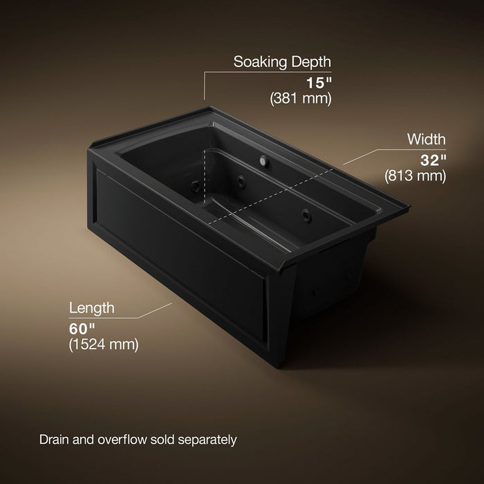 KOHLER K-1122-RAW Archer 60" x 32" alcove whirlpool bath with Bask heated surface, right drain, black black - view 5