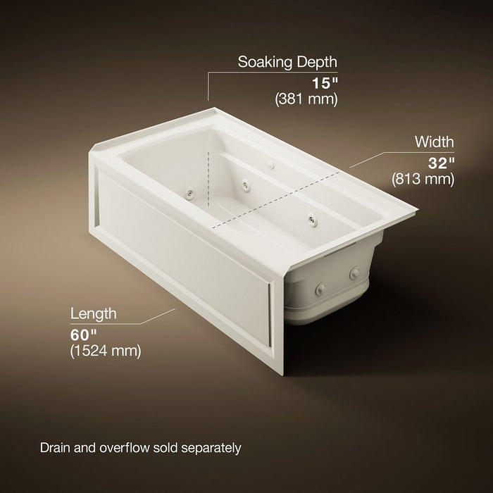 KOHLER K-1122-XGHRA Archer 60" x 32" alcove Heated BubbleMassage air bath and whirlpool, right drain, biscuit - view 5