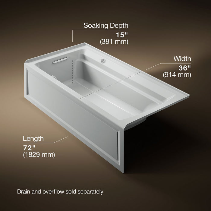 KOHLER K-1124-GHLAW Archer 72" x 36" alcove Heated BubbleMassage air bath with Bask heated surface, left drain, ice grey...