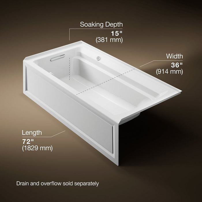 KOHLER K-1124-GHLAW Archer 72" x 36" alcove Heated BubbleMassage air bath with Bask heated surface, left drain, white -...