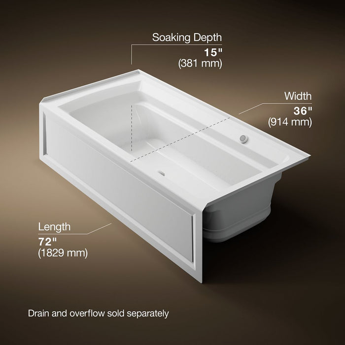 KOHLER Archer 72" x 36" alcove Heated BubbleMassage air bath with Bask heated surface, right drain